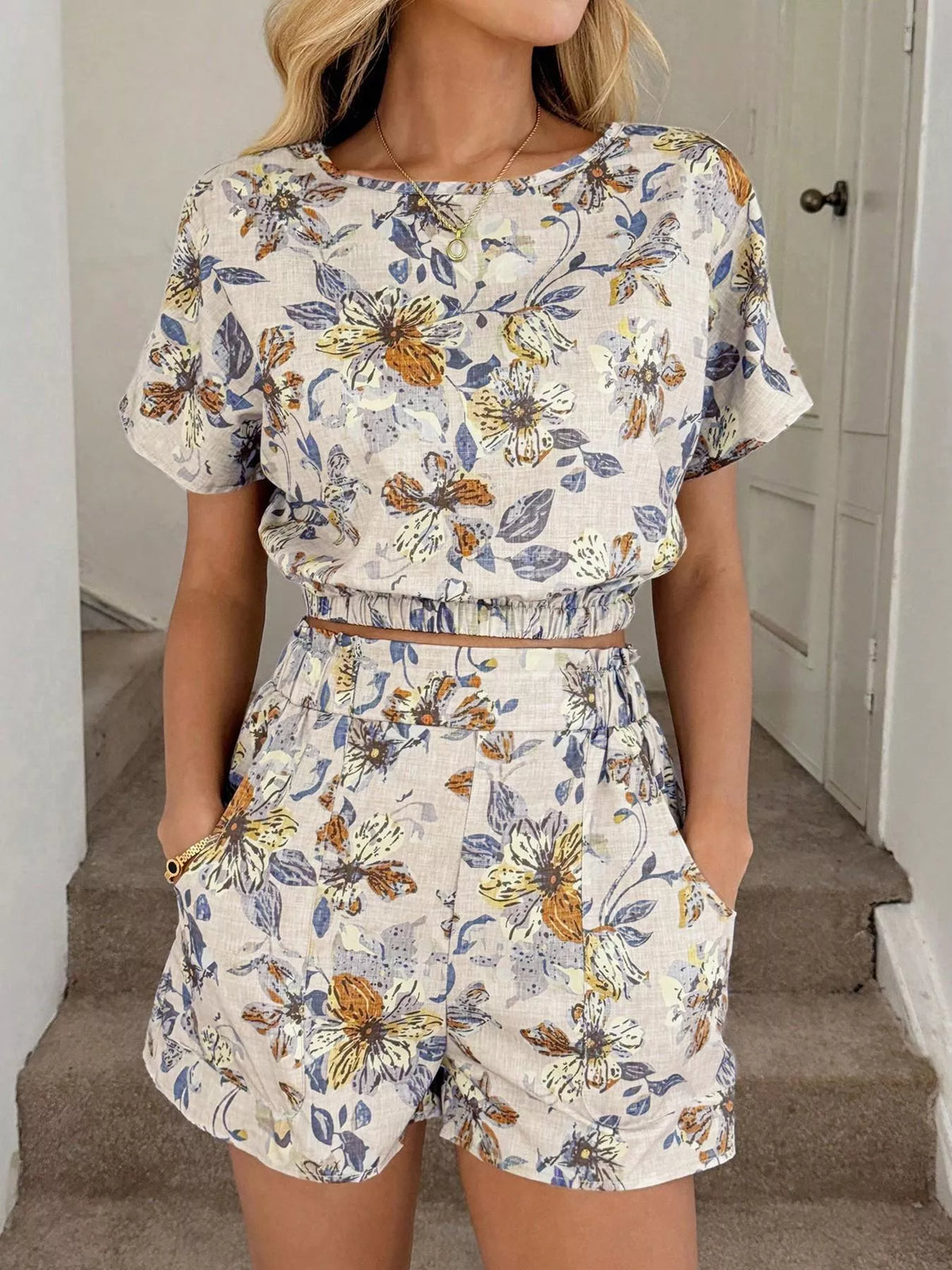 Floral Print Crop Top and Shorts Set, view 13