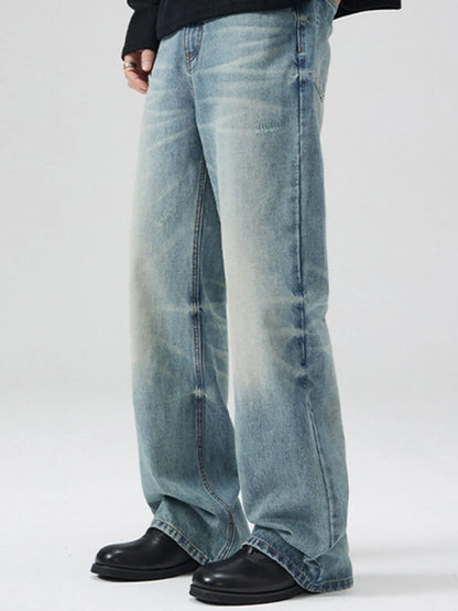 Men's Full Size Washed Cat Whiskers Bootcut Jeans Plus Size Nostalgic Blue - Fashorio
