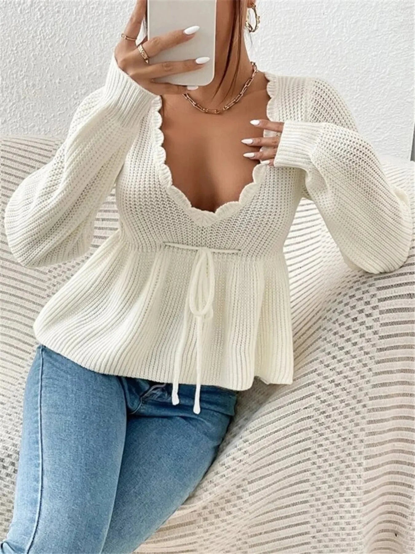Scalloped V-Neck Drawstring Knit Top - Fashorio