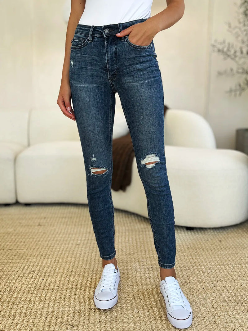Judy Blue dark wash distressed slim skinny jeans front