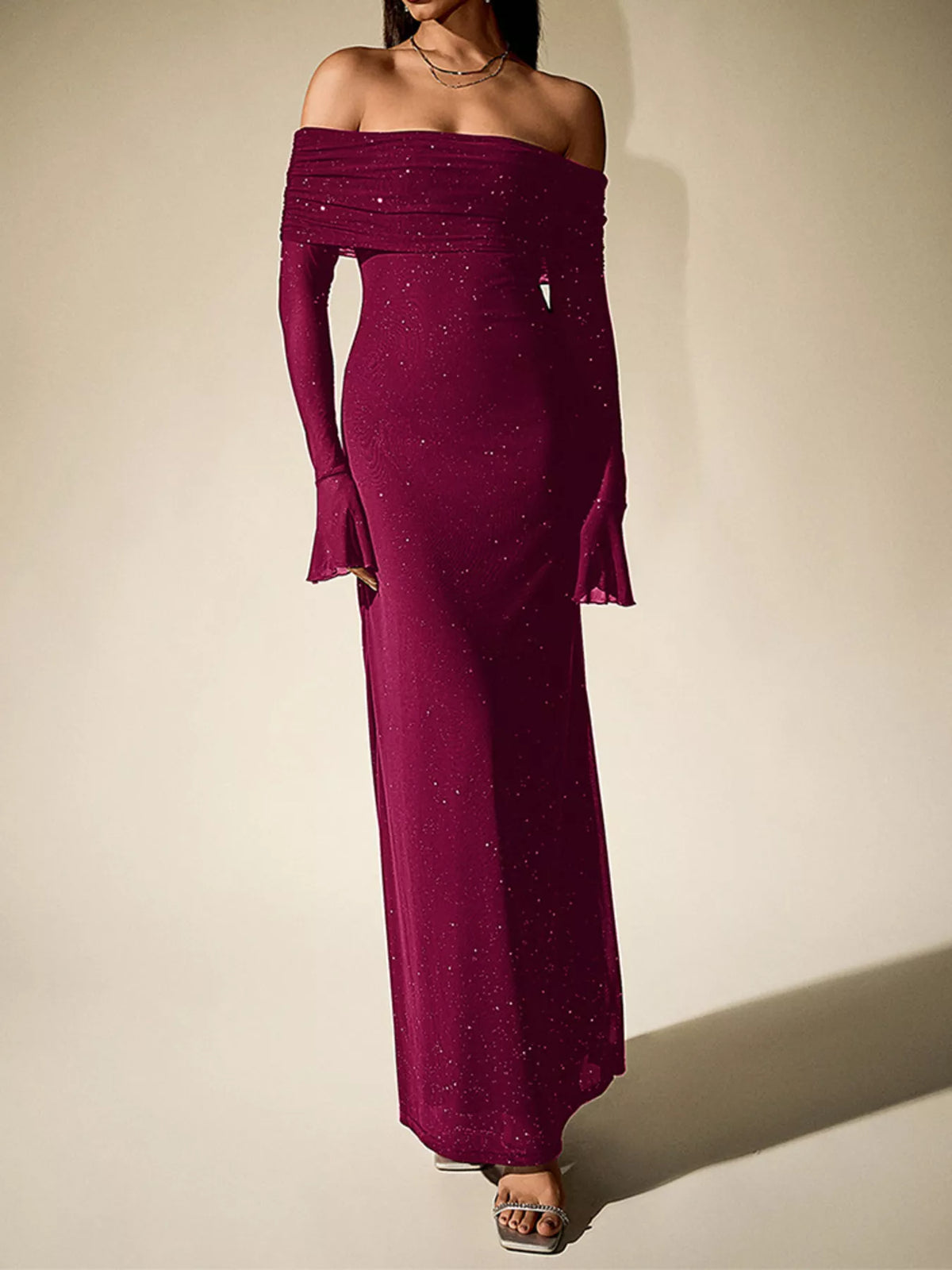 glitter off shoulder maxi dress detail view 23