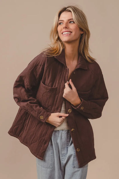 BiBi Quilted Gauze Long Sleeve Shacket – Oversized Buttoned Style - Fashorio