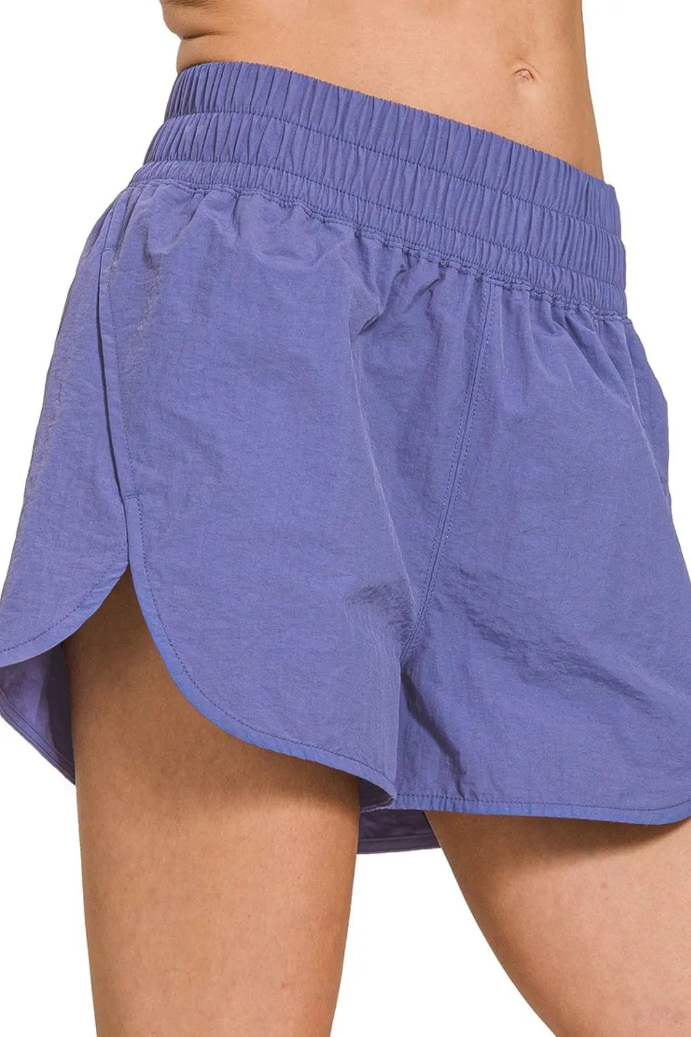 Zenana windbreaker smocked waist running shorts front view