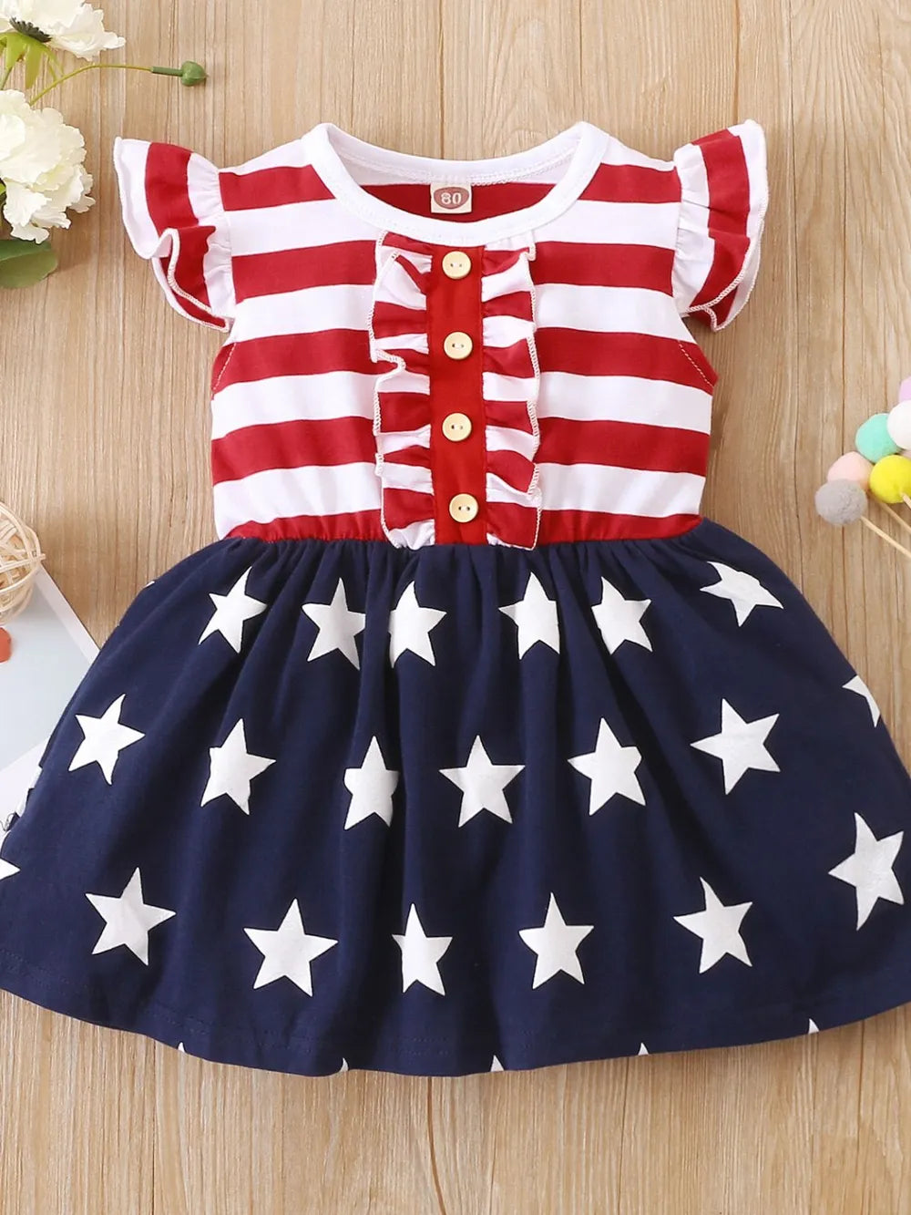 Striped & Stars Ruffled Round Neck Cap Sleeve Dress Red Blue White - Fashorio