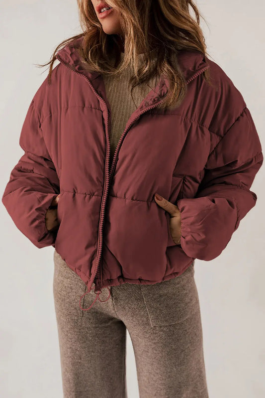 Zip Up Collared Neck Long Sleeve Winter Coat Brick Red - Fashorio