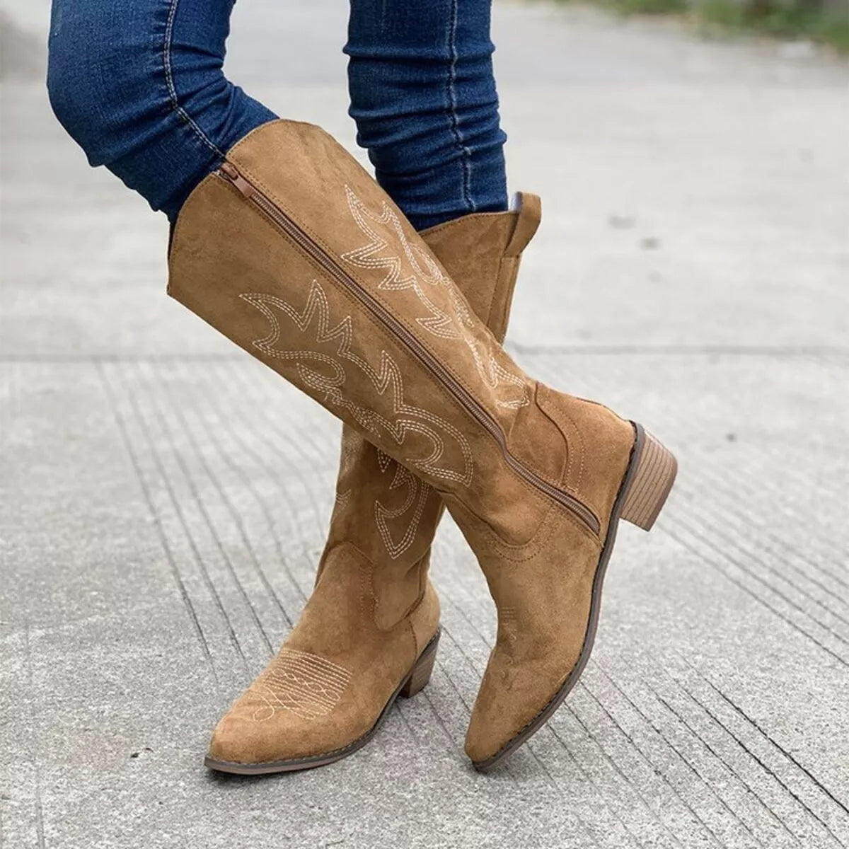 Point toe block heel suede boots styled on model