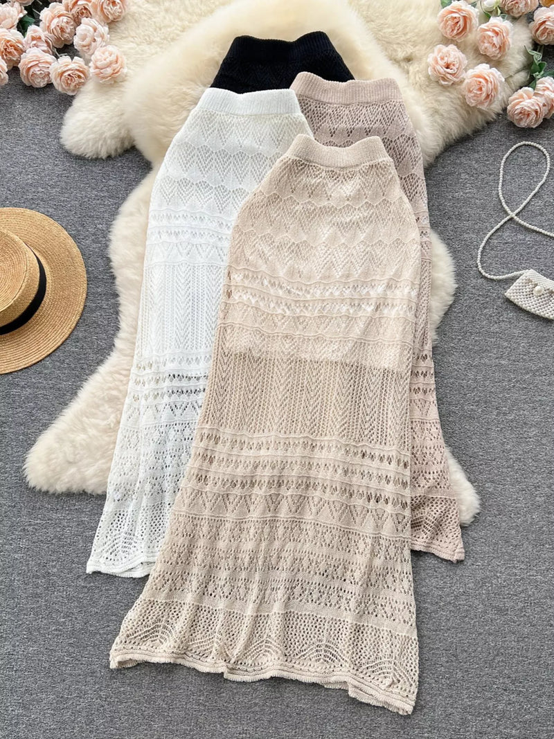 Knitted hollow out maxi skirt front view with openwork knit