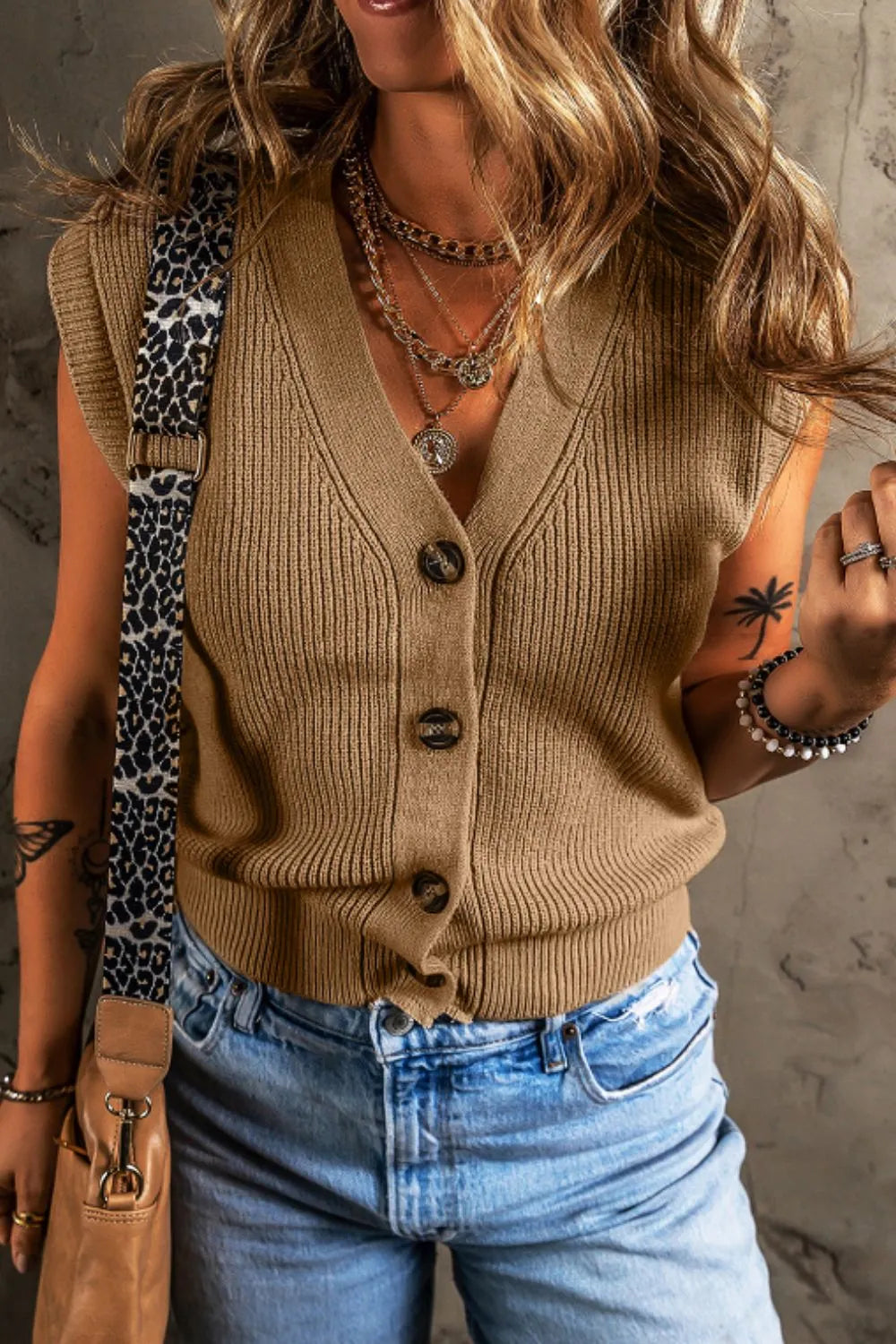 Button Up V Neck Sweater Vest in Camel side view