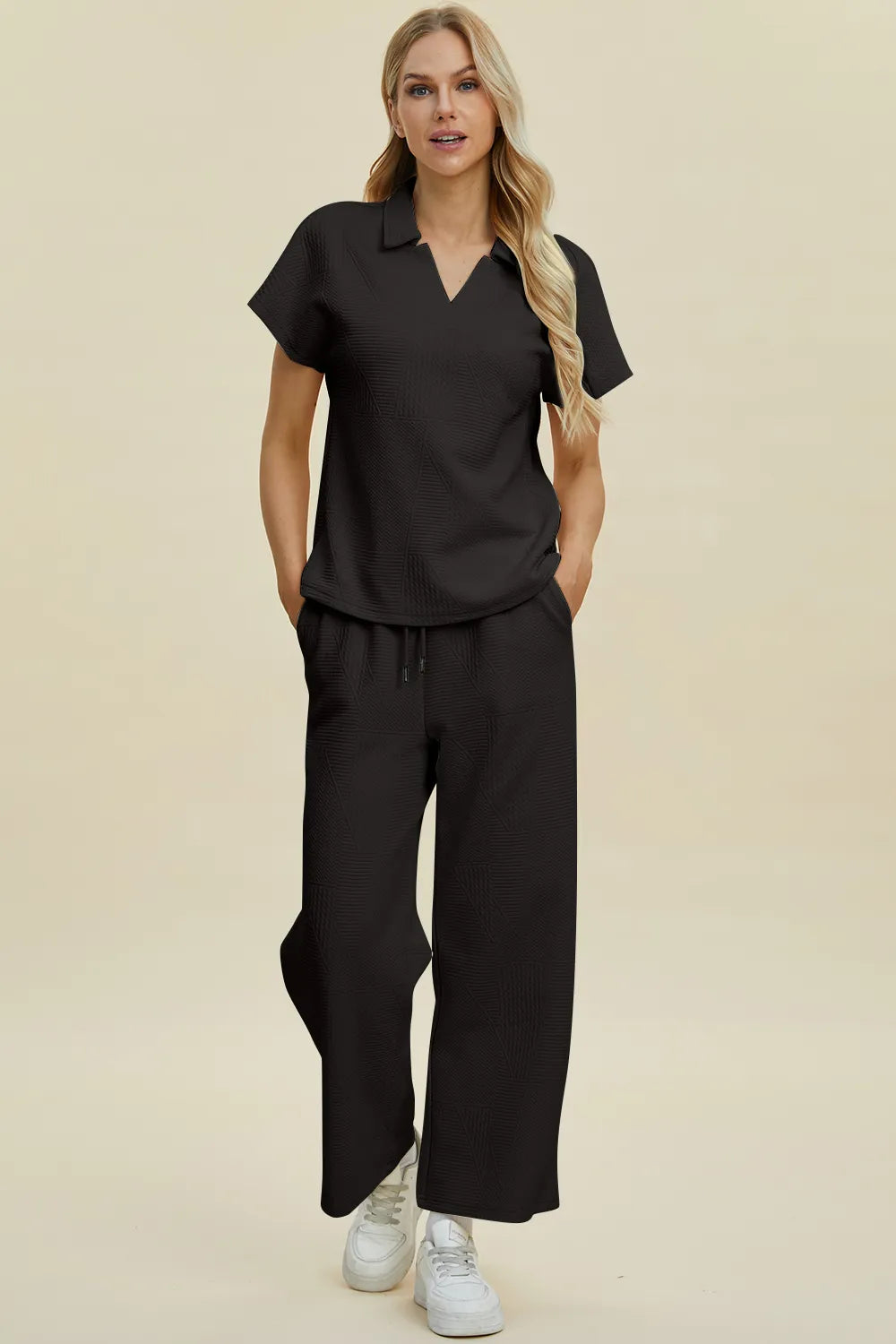 Double Take Full Size Collared Neck Short Sleeve Top and Pants Set Black - Fashorio