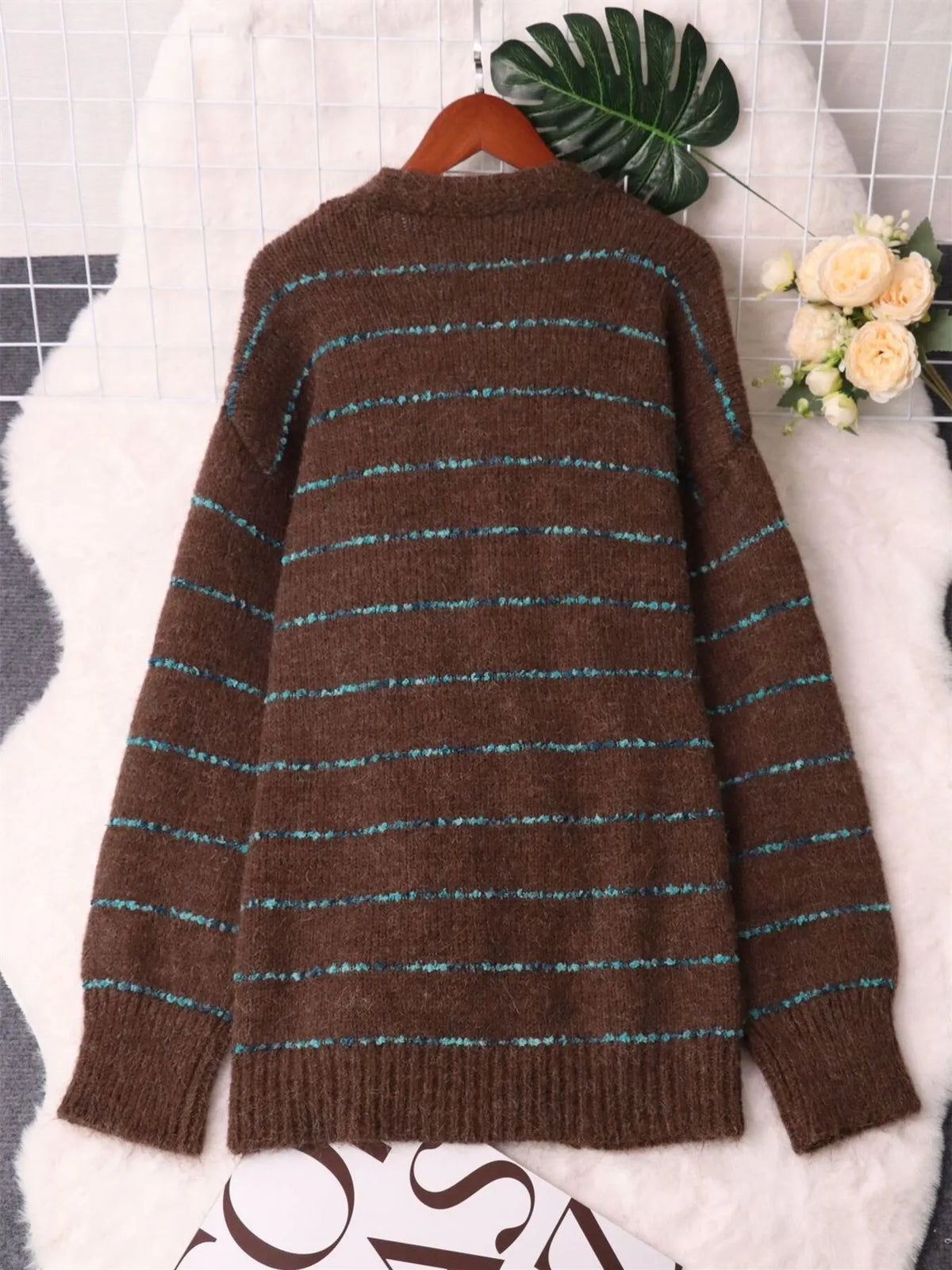 Striped button up v neck cardigan front view