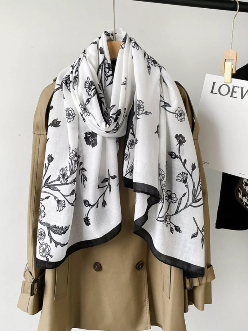 Floral print lightweight scarf shown at full length