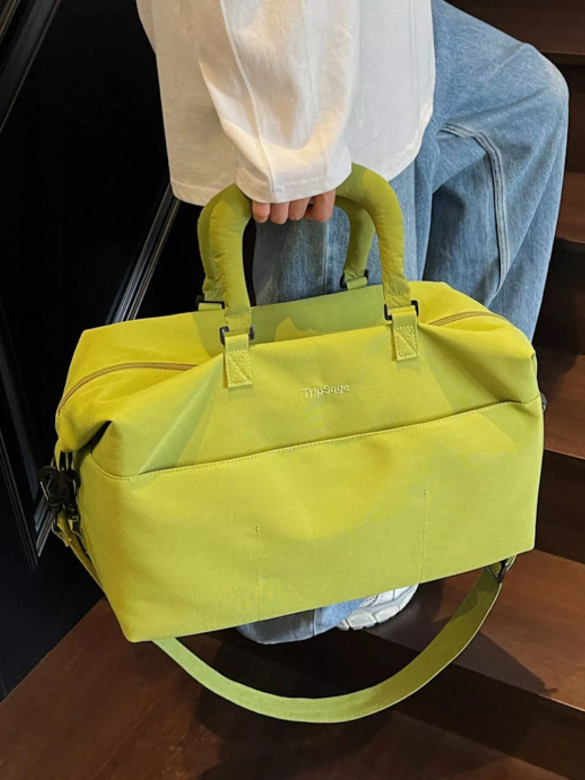 Green duffel bag interior view