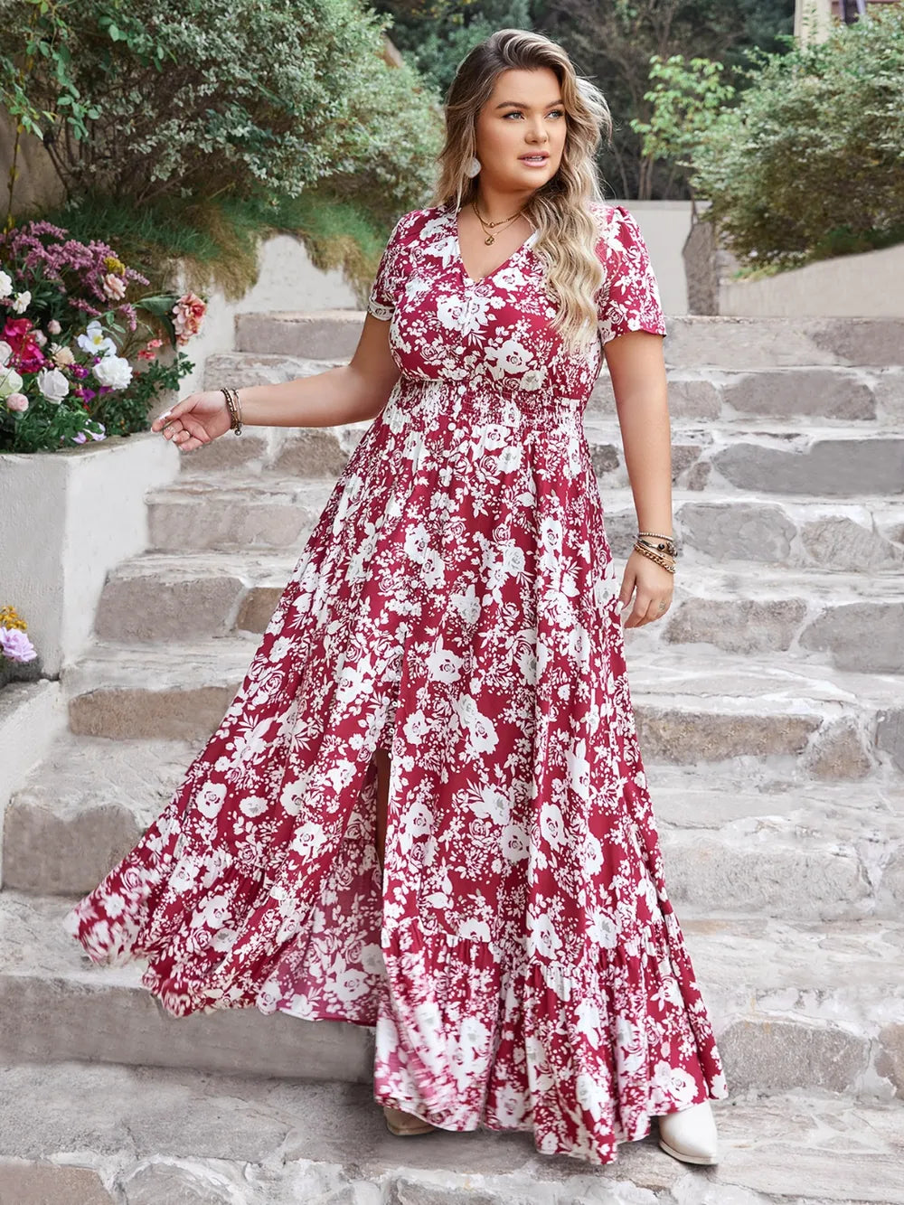 hot pink plus size slit printed v neck maxi dress side view