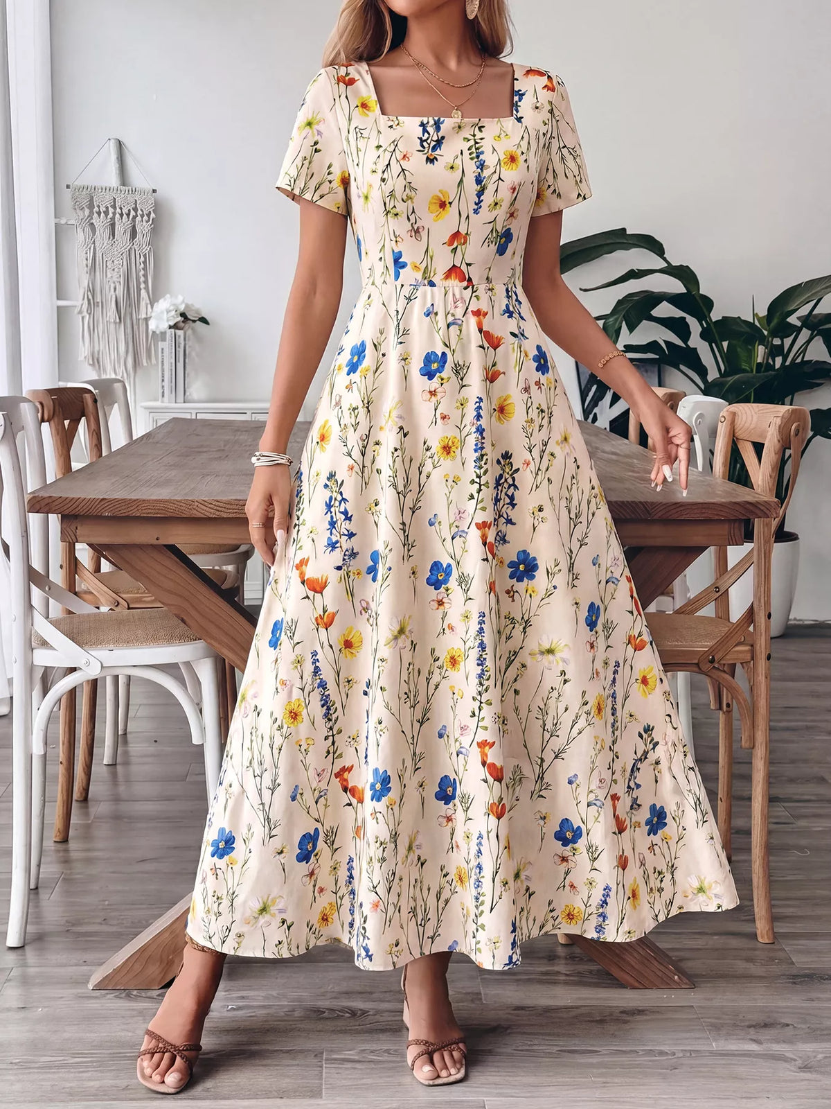 apricot floral square neck casual maxi dress side view