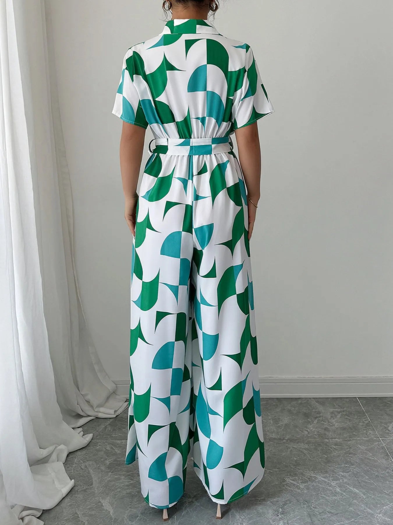 Printed Wide Leg Belted Jumpsuit - Fashorio