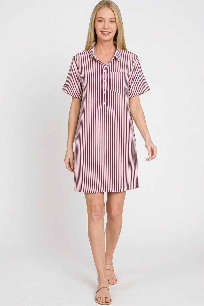 Stripe Collared Half Button Up T Shirts Dress side view