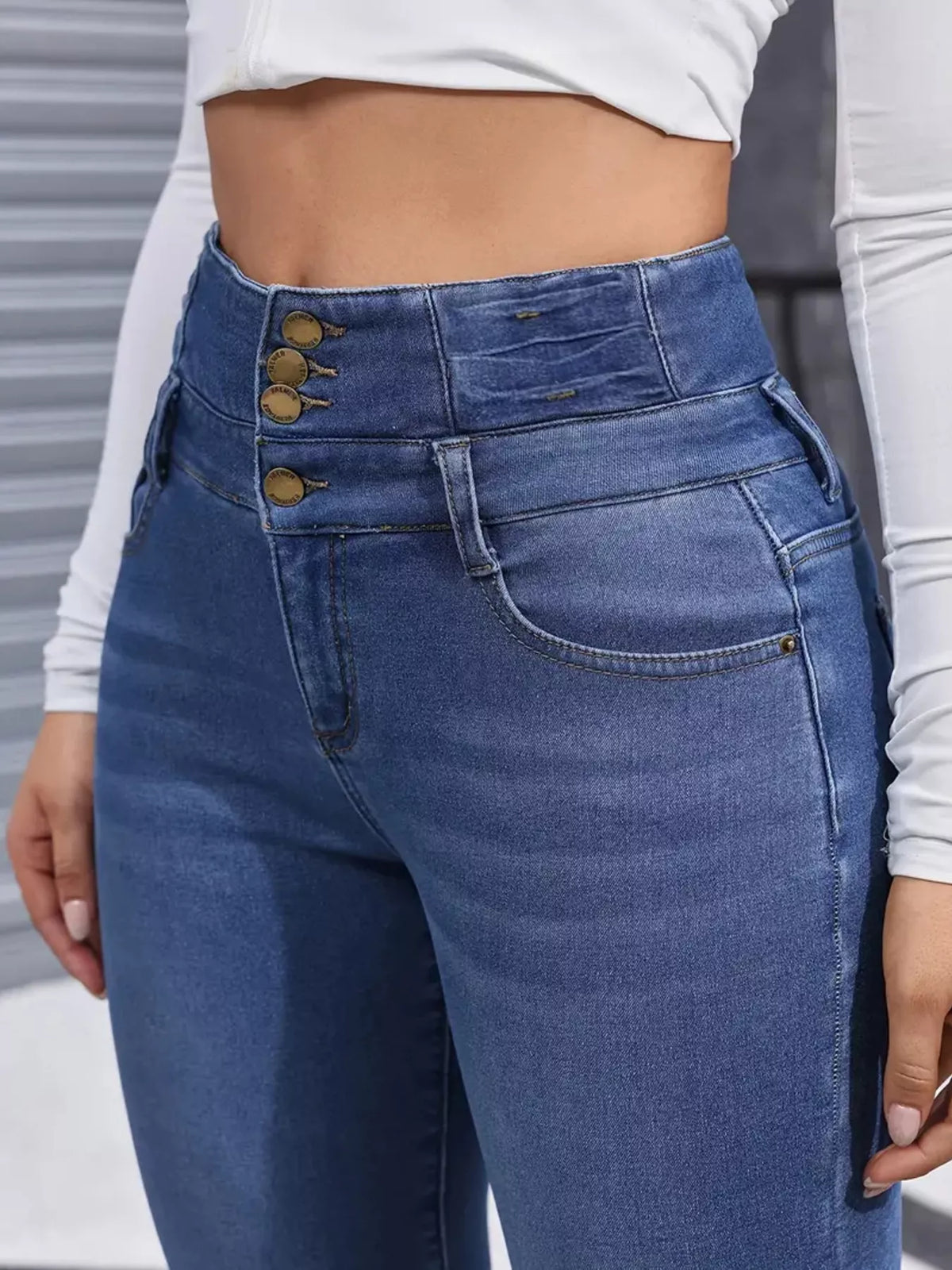 Blue slim fit fleece lined denim jeans side view