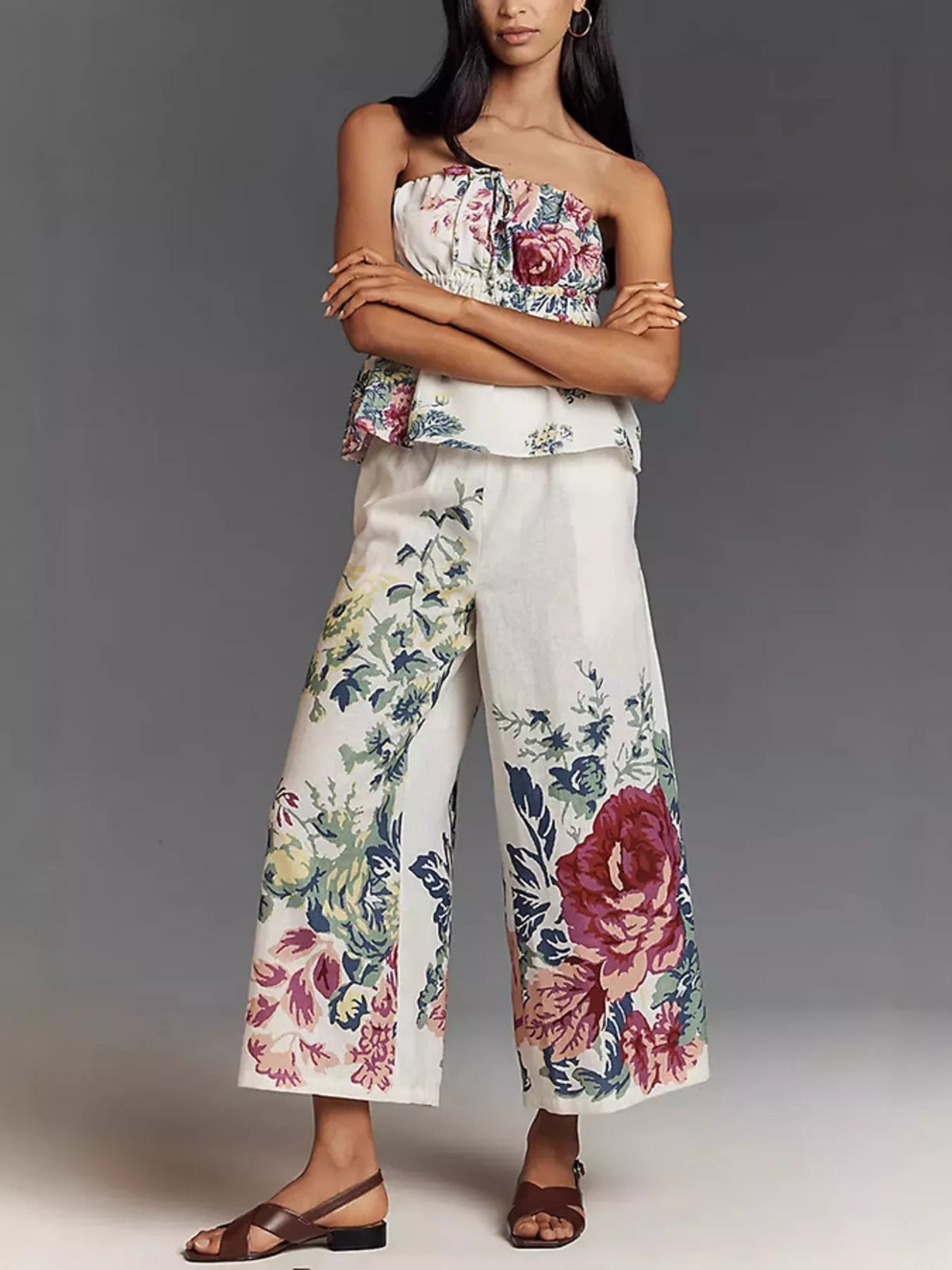 Floral print two piece set ruched bodice detail