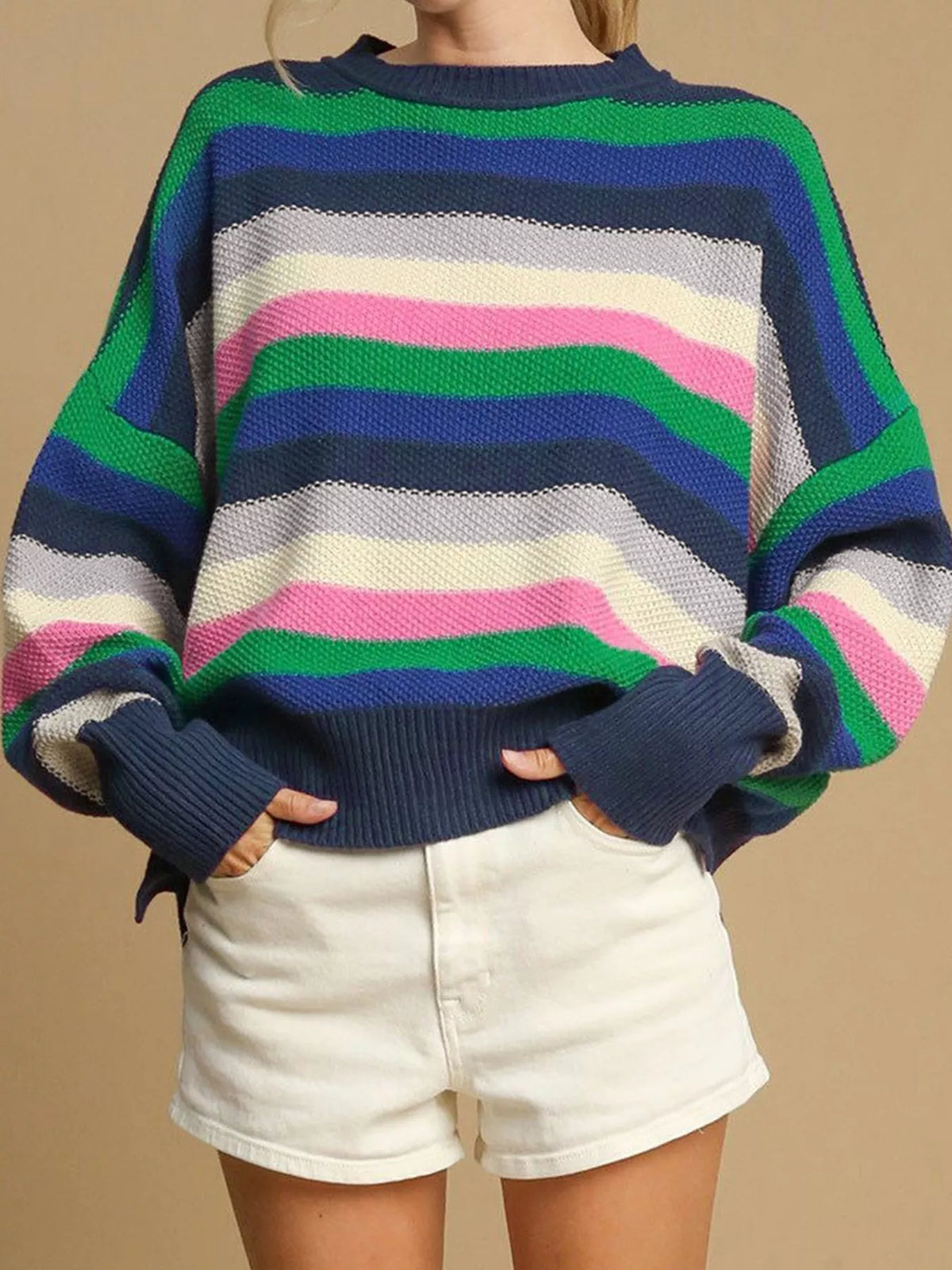 rainbow striped crew neck sweater side view