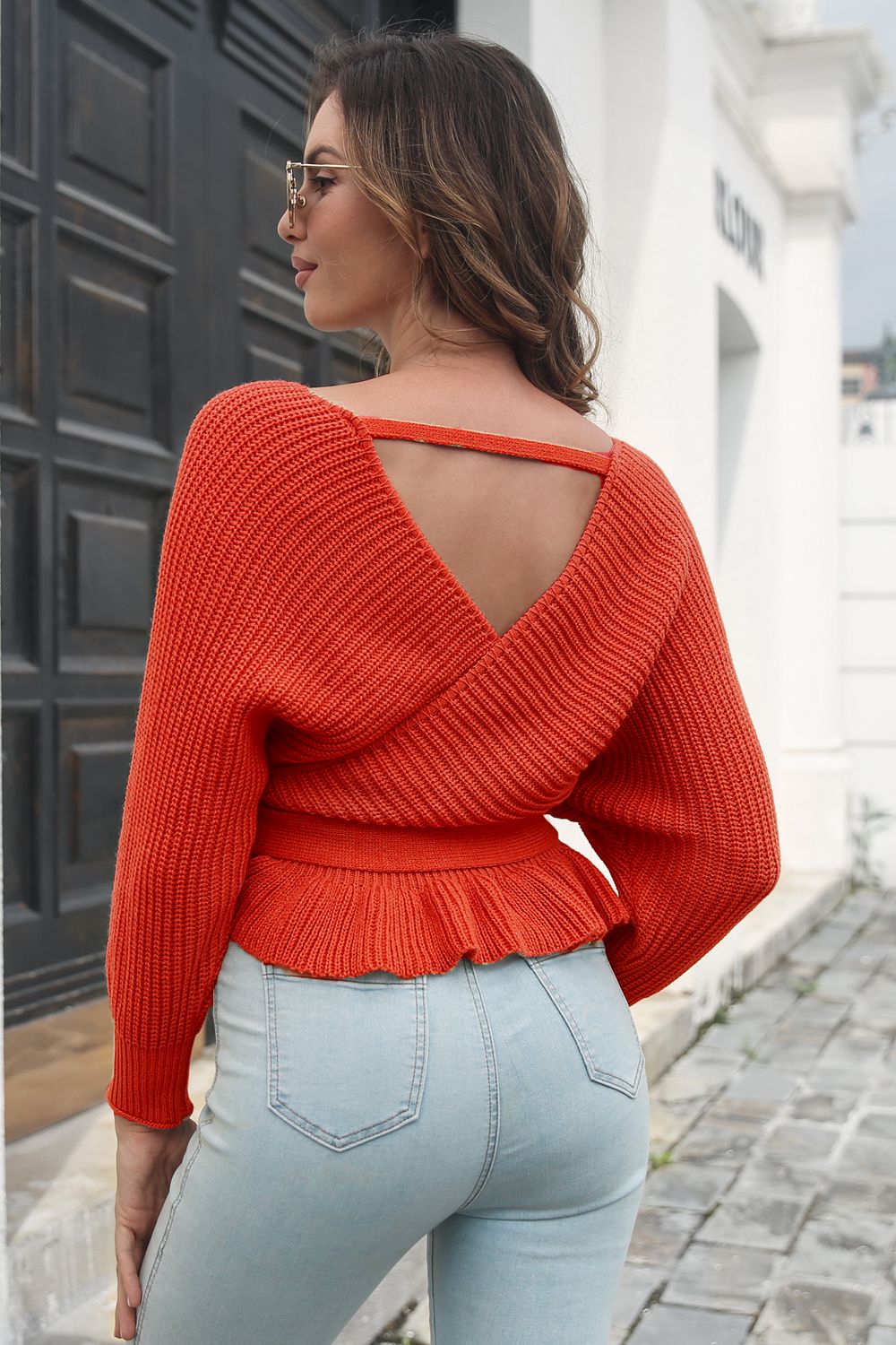 Tie Waist Ruffle Hem Sweater - Fashorio