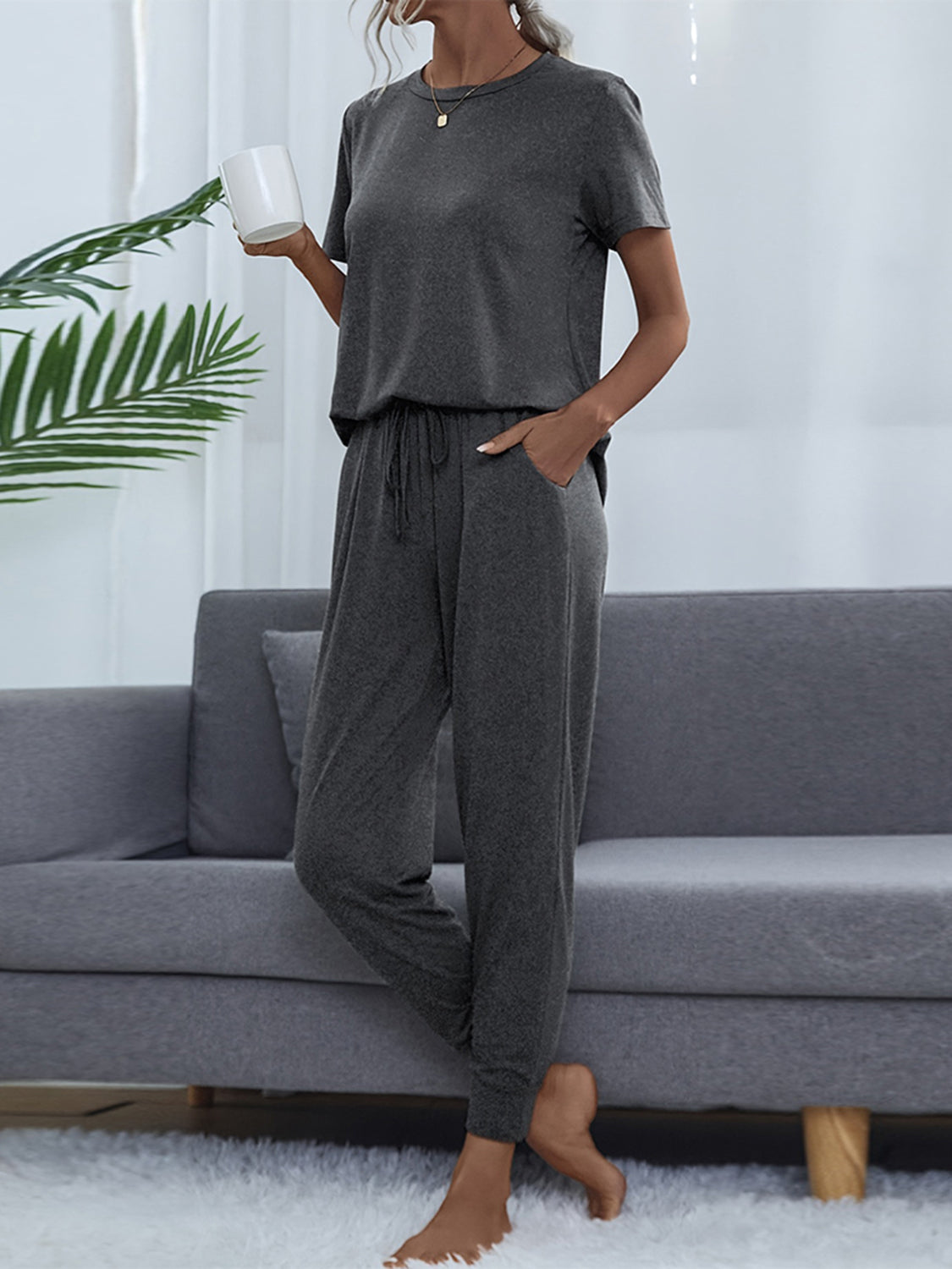 Shiny Round Neck Short Sleeve Top and Pants Set - Fashorio