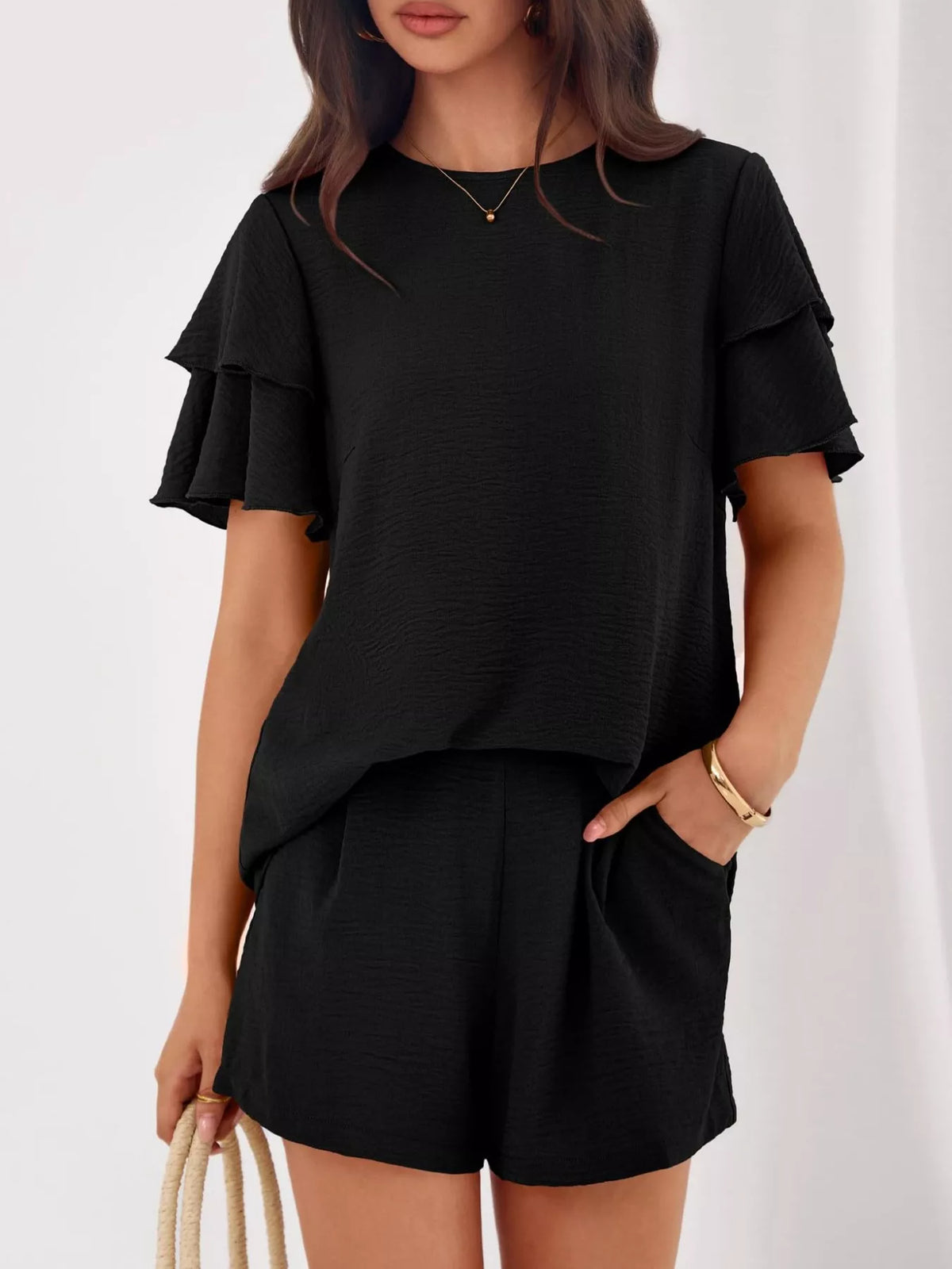 Ruffle sleeve set top and shorts view