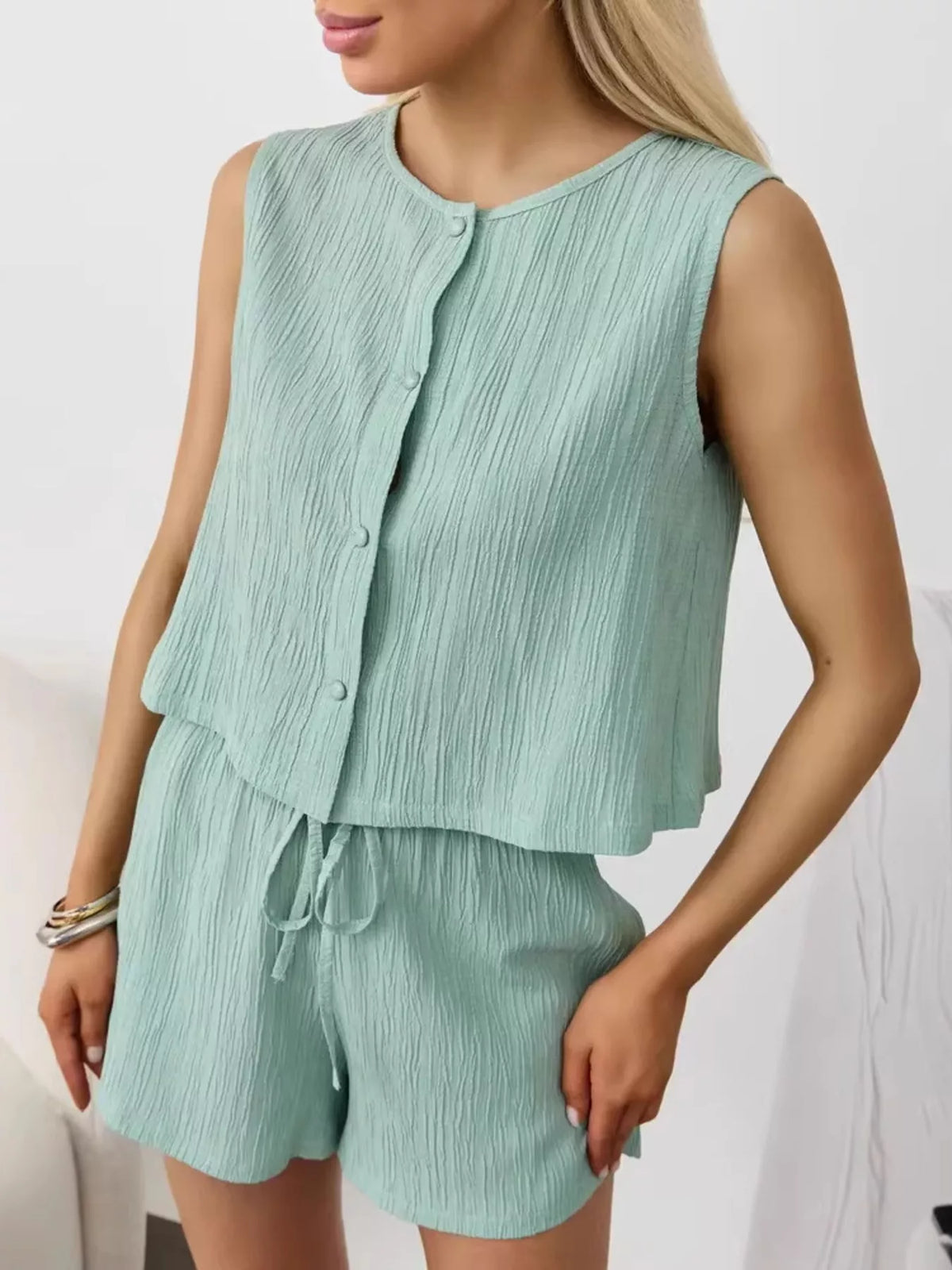 Textured Round Neck Tank and Shorts Set, view 23