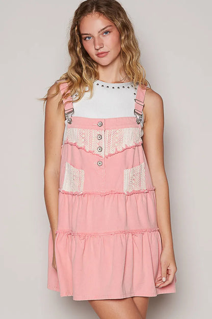 POL Lace Patchwork Detail Denim Overall Dress - Fashorio