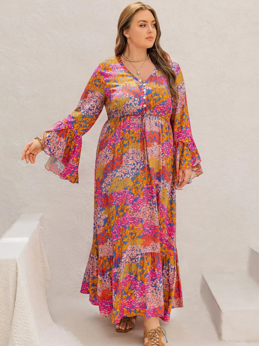 Printed V neck long sleeve maxi dress styled look