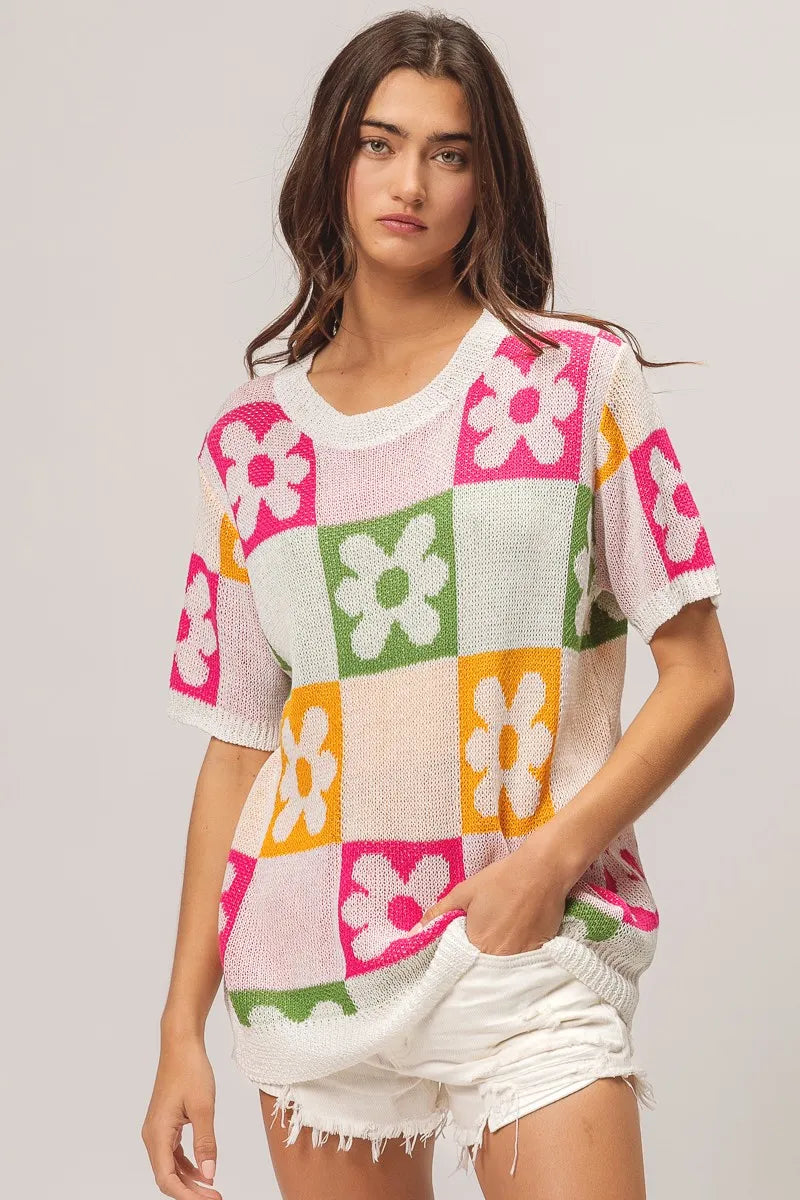 Floral Check Lightweight Sweater Top view 9