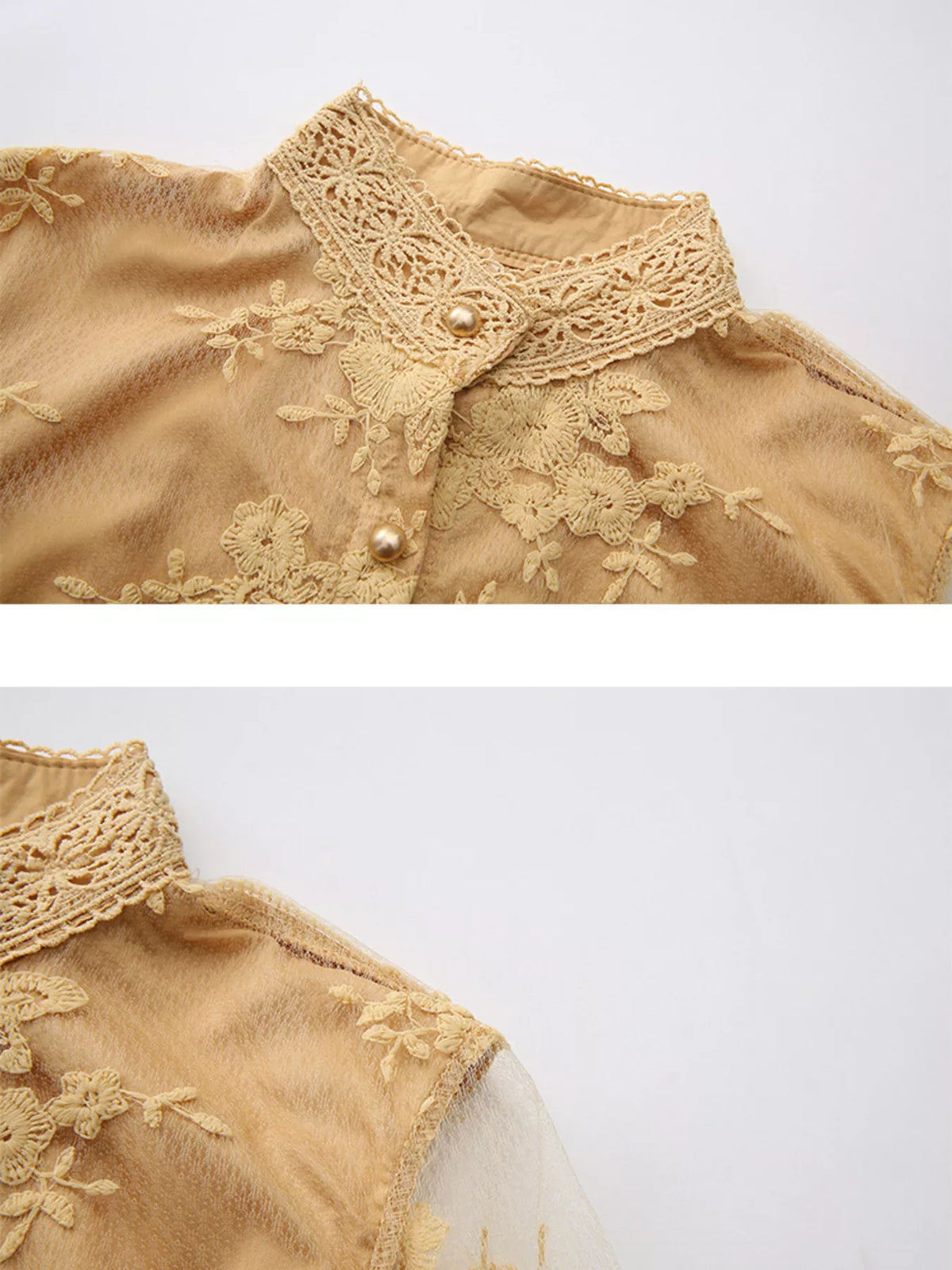Brocade lace lantern sleeve belted maxi dress in gold stand collar and button detail