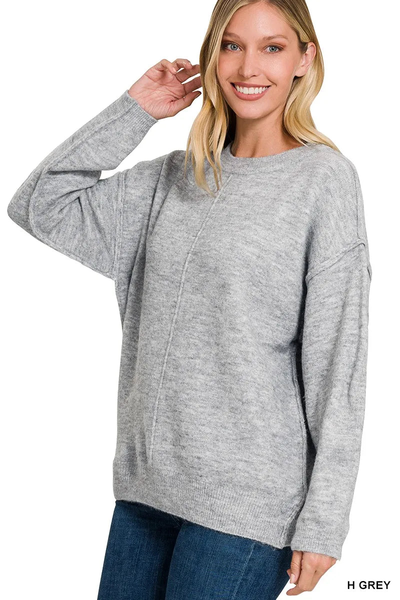Zenana Melange Front Seam Round-Neck Sweater - Fashorio