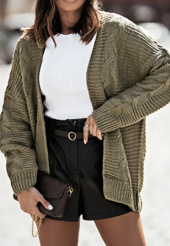 Cable-Knit Open Front Cardigan - Fashorio