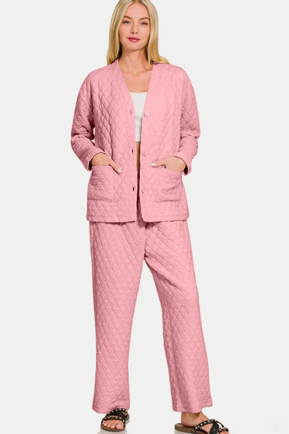 Zenana Quilted Button Up Long Sleeve Top and Pants Lounge Set - Fashorio