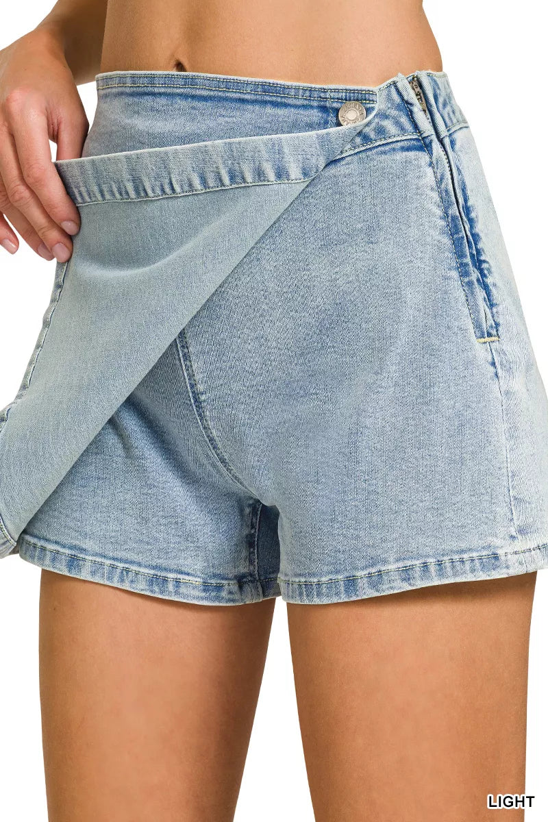 Zenana light wash wrap front denim skort, full length
