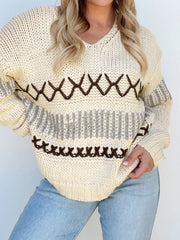 Contrast Stitch Detail V Neck Drop Shoulder Sweater Parchment - Fashorio