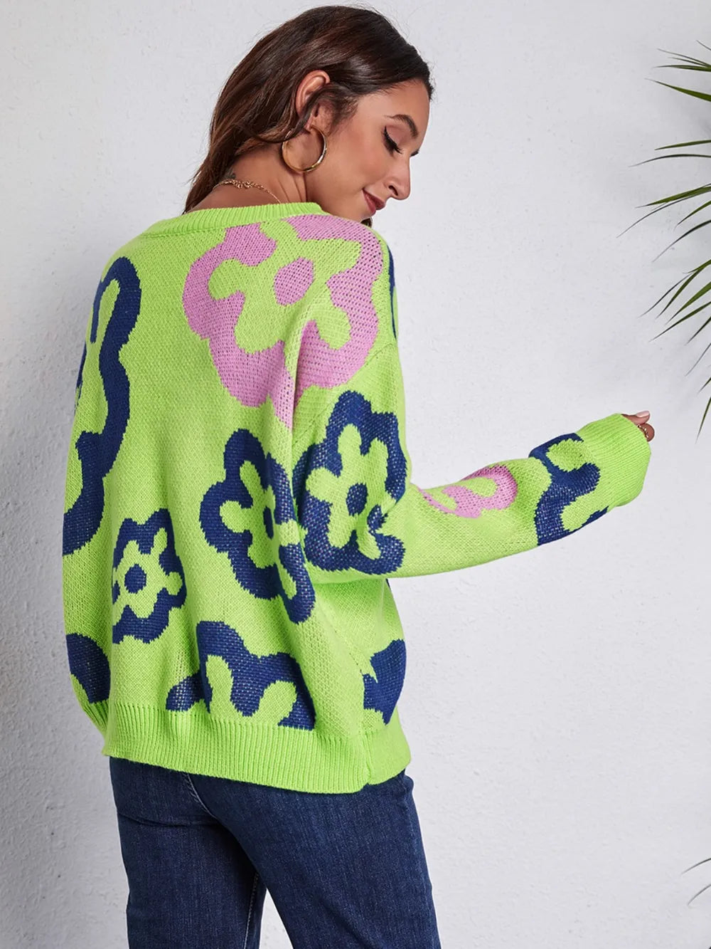 Flower Pattern Round Neck Long Sleeve Sweater - Fashorio