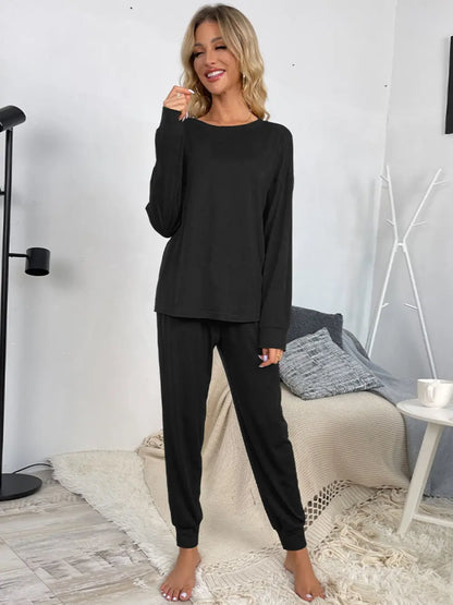 Shiny Round Neck Top and Drawstring Pants Lounge Set - Fashorio