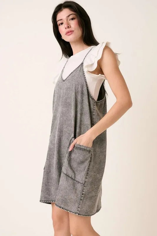 Washed Patch Pocket Mini Cami Denim Dress back view