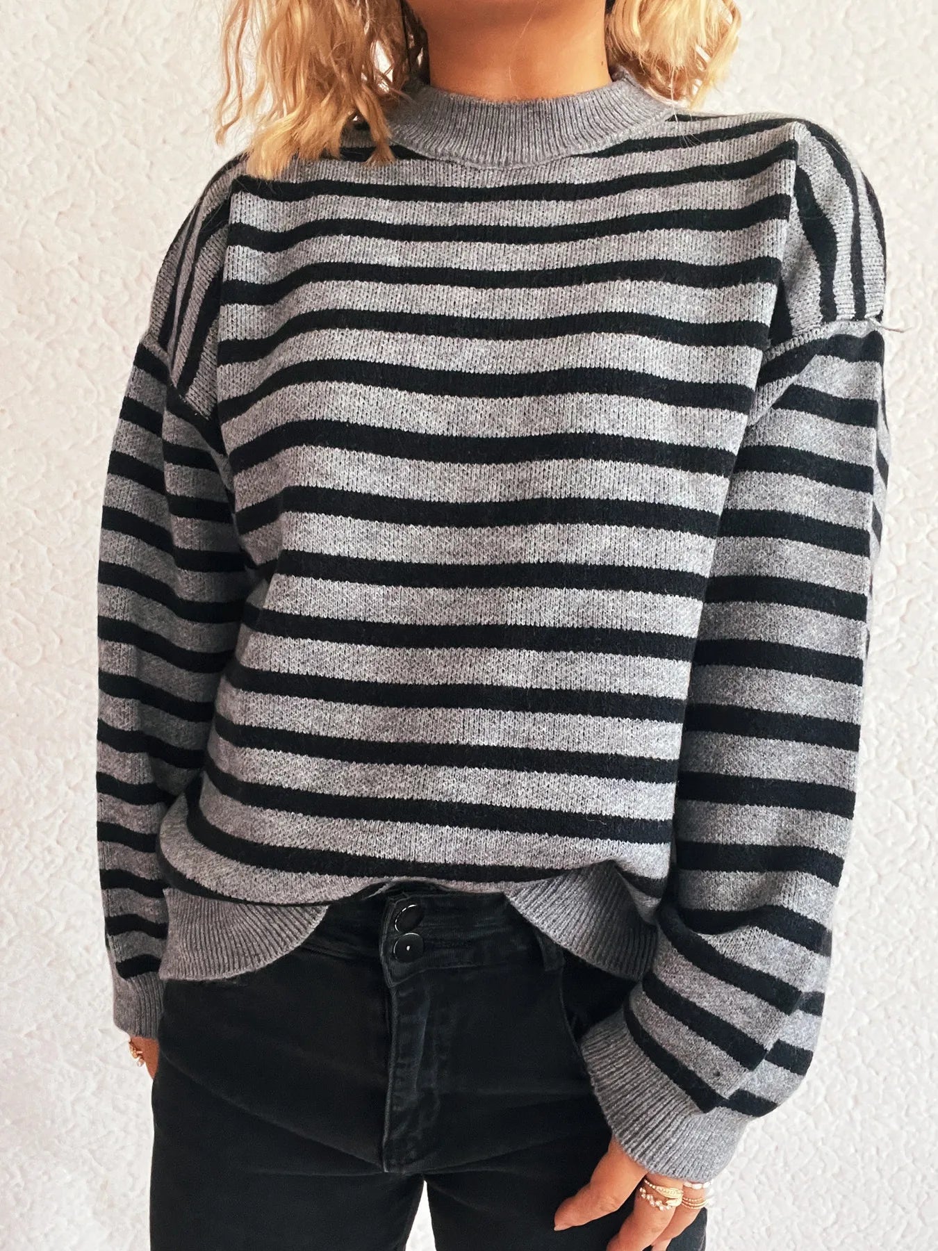Striped Mock Neck Long Sleeve Sweater - Fashorio