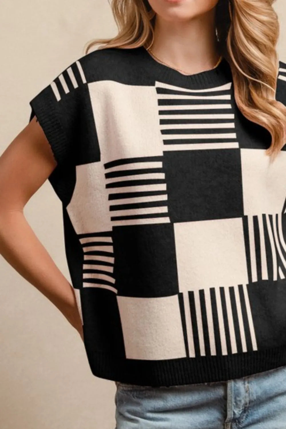 Black Check and Stripe Sleeveless Sweater back view