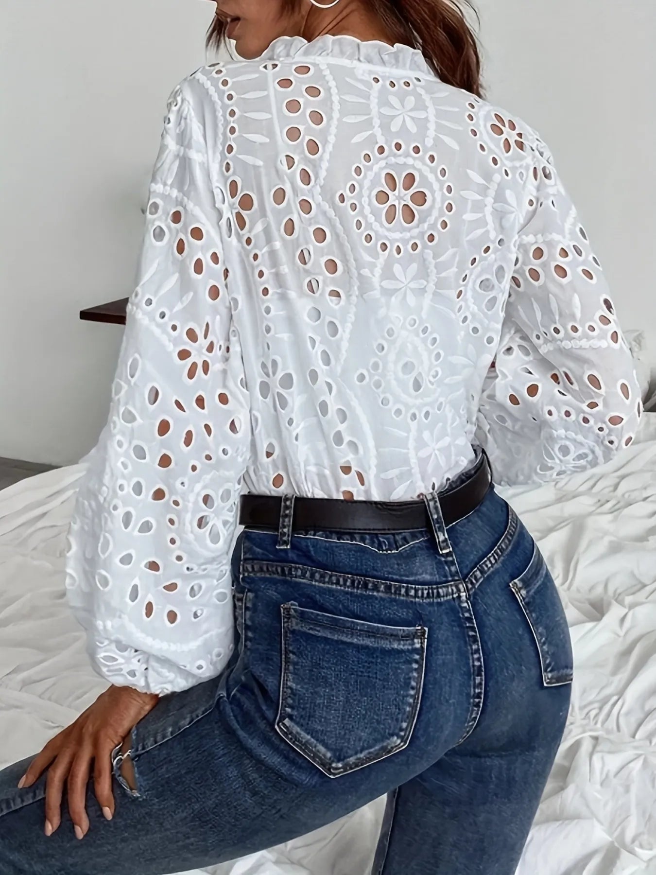 Eyelet Embroidered Button Front Shirt with Puffed Sleeves - Fashorio