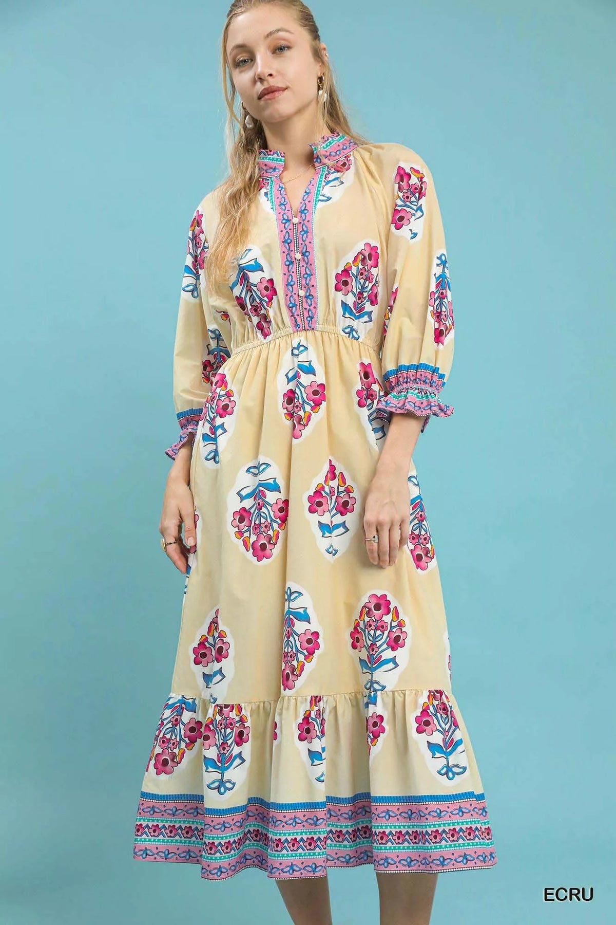 Floral Border Print Midi Dress in Ecru detail
