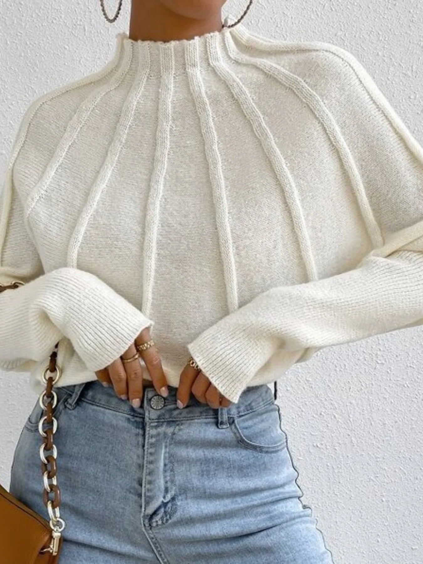 Mock Neck Ribbed Long Sleeve Sweater - Fashorio