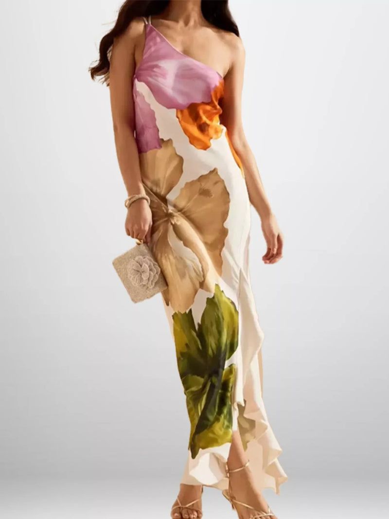 Floral print one shoulder plus size maxi dress front view