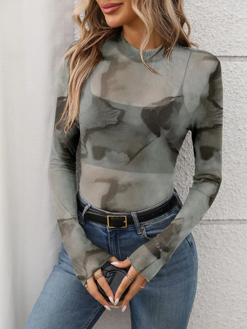 Printed mock neck long sleeve mesh t-shirt ink painting front