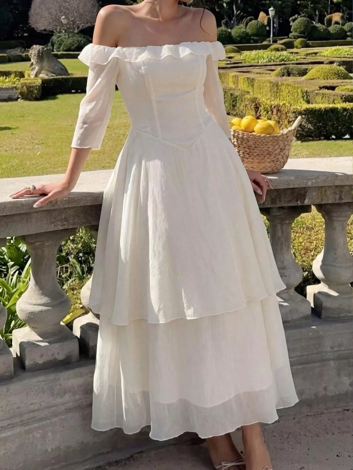 Cream off shoulder midi dress neckline detail