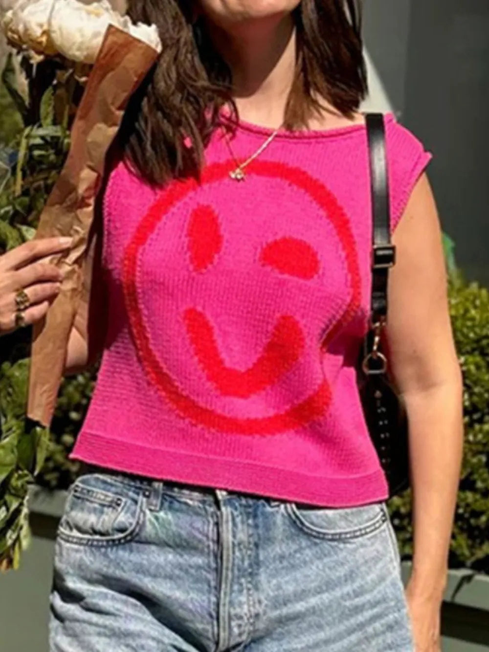 Smiley Face Round Neck Sweater Vest in Mustard view 19