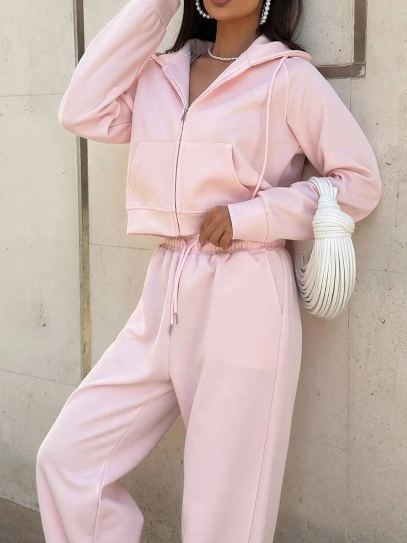 Zip Up Drawstring Hoodie and Pants Set - Fashorio