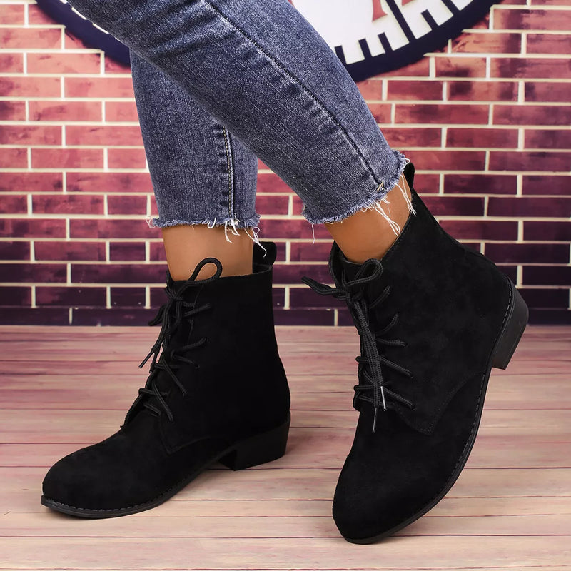 lace up block heel boots black front view